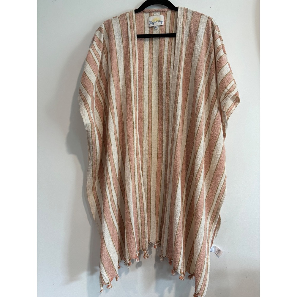 Rays for Days Striped Kimono Wrap Women O/S Pink Cream Tassel Trim Boho Resort